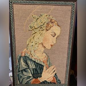 Vintage Needlepoint Religious Art MCM Handmade Virgin Mary Madonna Praying